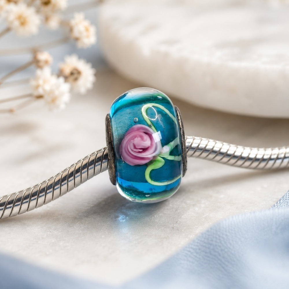 925 Sterling Silver Murano Glass Pink Rose Blue Floral European Charm Bead